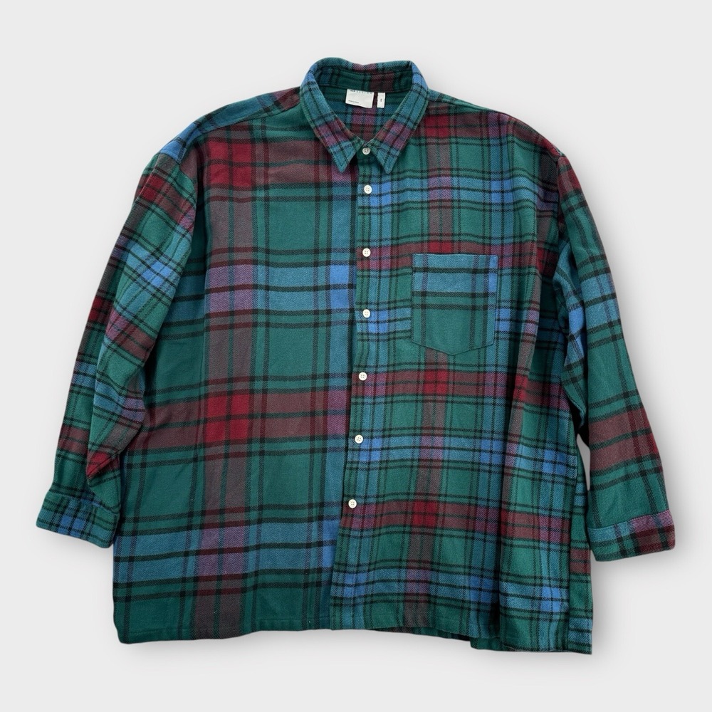 ASOS Flannel Shirt‎ Mens 2XL Plaid Western Button Up Green Red Long Sleeve